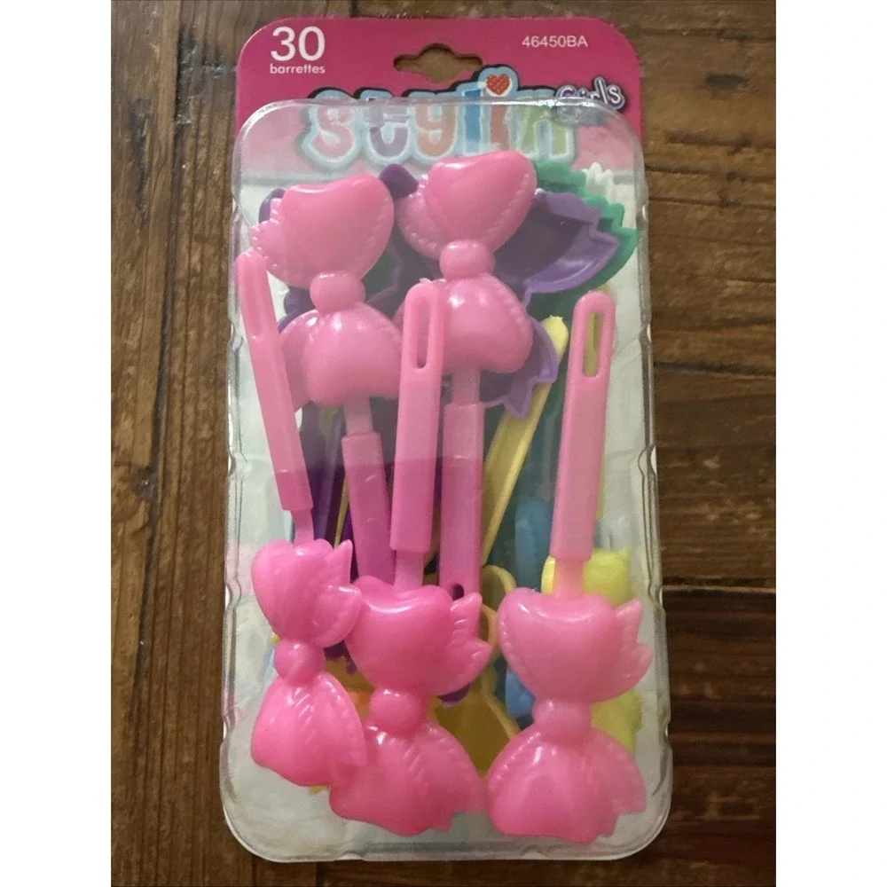 Stylin' Girls 30 Bow Barrettes Sealed Hair Clips Colorful Plastic NOS 2010s